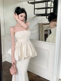 Yipinpay Hot Girl Suit Women's Summer Ruffle Strapless Vest High Waist Mermaid Long Skirt Two-piece Set Fashion Female Clothes
