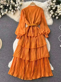 Yipinpay Spring French Style Chiffon Long Dress 2024 Long Sleeve Single Breasted Fashion Belt Women A-Line Elegant Party Dress