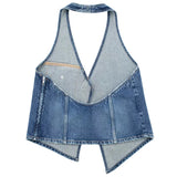 Yipinpay Blue Denim Top Female Halter Backless Crop Top Women Asymmetric Off Shoulder Tops For Women Sleeveless Summer Sexy Tops