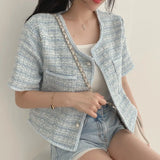 Yipinpay Button O Neck Tweed Short Sleeve Cardigan White Coat Summer Plaid Shirt Women Korean Style Cropped Jacket Tops Slim
