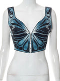 yipinpay Top Women Butterfly Print Crop Top Sweetheart Neck Cami Top Hook Eye Blue Corset Top Streetwear Clothes Slim Backless Tops