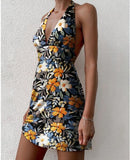 Yipinpay Women Close-Fitting Sexy Dress Floral Printed Pattern Sleeveless Deep V-Neck Lovely Mini Dress Backless Sleevesless Short Dress