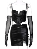 yipinpay Sexy de dos piezas para mujer, Top de cuero PU, minifalda negra, trajes de verano a juego, trajes de fiesta, conjuntos de vestido de calle 920