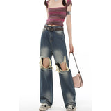 yipinpay Women's Ripped Jeans Summer New Y2K Vintage Straight Baggy High Waist Streetwear Pants Femme Wide Leg Jeans Blue Denim Trouser