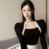 Yipinpay Sueter Mujer Vintage Cropped Black Sweaters Women Puff Sleeve Slim Pullover Short Square Sweater Top Knitwear Spring