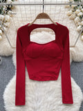 Yipinpay Women Sporty Tops Square Collar Long Sleeve Backless Kink With Chest Pad Slim Fit American Streetwear Sexy Mini Blouse