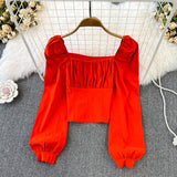 Yipinpay Puff Sleeve Square Collar Shirts Women Elegant Sexy Ruched Korean Female Blouses Streetwear Y2K Harajuku Blusas Tops
