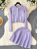Yipinpay Japan Style Pearls Knit Suits Hidden Breasted Pockets Cardigan+Mini Pleated A Line Skirt Women Sweet Streetwear Sets