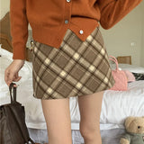 Yipinpay Y2k High Waisted Red Midi Skirts For Women Fashion Khaki Grey Bottoms Winter Woolen A Line Plaid Mini Skirt Hip Female