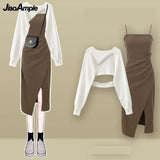 Yipinpay Women's fashion cut-out sweater+suspender Skirt two-piece set Korean Elegant New in Matching Set 2024 Spring Summer Dress Suit