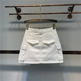 Yipinpay New Korean Fashion Large Pocket A-line Denim Skirt Women Spicy Girls High Waist Anti Glare Half White Short Skirt