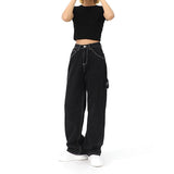 yipinpay Women Black Vintage Baggy Straight Jeans Street High Waist Mopping Wide Leg Pants Fashion Casual Denim Trouser Ladies Summer