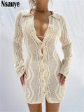 yipinpay Long Sleeve Hollow Out Sexy Club Fashion Women Knitted Cardigan Dress 2023 Casual Beach Wrap Mini Y2K Party Shirt Dress