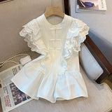 Yipinpay for Women Temperament Chinese Stand Flying Sleeve White Shirt Femme Crop Tops Blusa Feminina Ruffle Doll Blouse Mujer