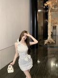 Yipinpay Elegant Mini Dresses Women Bowknot Sleeveless Polka Dot Sexy Diagonal Collar Slim Party Dress Ladies Backless Fashion