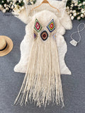 Yipinpay Summer Transparent Beach Dress Women V Neck Sleeveless Casual MIdi Sundress Vacation Knitted Tassel Loose Dress