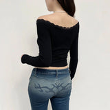 Yipinpay Women Crop Off-Shoulder Tops Lace Patchwork Long Sleeve T-Shirt Casual Pullovers Club Streetwear Aesthetic Clothes