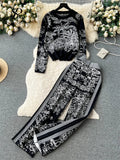 Yipinpay Winter Print Sweater Two Pieces Suits Loose Warm Pullovers+Wide Legs Long Pants Streetwear Vintage Casual Knitted Sets
