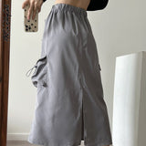 yipinpay Women's Cargo Skirt Pockets Split Long Skirts Y2k Streetwear 2000s Aesthetic Drawstring Aesthetic Skirts High Waist A Line Skirt