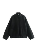 Yipinpay New 2024 Women Fashion Oversized Bomber Jacket Coat Vintage Solid Long Sleeve Female Pockets Chic Loose Outerwear
