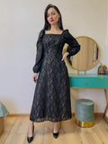 Yipinpay Jacquard Black A-Line Dress Women Lantern Sleeve Flowing Elegant Dresses Office Chic Long Dress Ruched Autumn 2023