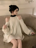 Yipinpay Shirts Women Elegant Off Shoulder Satin Bandage Stand Collar Long Sleeve Hollow Out Loose Blouse Female Casual Sexy Tops
