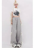Yipinpay Women's Grey Lace Lace-up Pants Vintage Y2k Harajuku 90s Aesthetic Sweatpants Retro High Waist Wide Trousers 2000s Clothes 2024