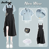 Yipinpay Women's Summer Dress Suit 2024 New Fashion Short Top+Irregular Strap Skirt Two Piece Korean Chic Short-sleeve Matching Set
