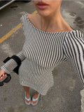 Yipinpay Striped Backless Vintage Mini Dress For Women Patchwork Bandage Fashion Elegant Lace-Up Dress Sexy Female Slim Dress 2024