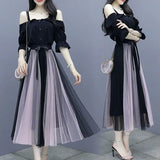Yipinpay Women's Dress Suit 2024 Summer New Fashion Off-the-shoulder Mesh Midi Skirt Two Piece Korean Elegant Clothing Bow Dresses Set