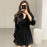 Yipinpay Y2k Black White Glossy Waist Back Bandage Lapel Single Breasted Long-sleeved Pink Shirt Dress Women Mini Pleated Casual