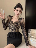 Yipinpay Dresses Women Elegant Square Collar Lace Patchwork Long Sleeve Slim Sexy Dress Ladies French Style Chic Party Temperament