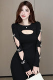 Yipinpay Girl O-Neck Long-sleeved Dress Women's Autumn/Winter Hollow Out Slim Fit Sexy Wrapped Hip Knitted Dress Female Clothes