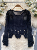 Yipinpay Solid Hollow Out Holiday Blouse Women O Neck Long SLeeves Hollow Out Embroidery Shirt 2024 Floral Plaid Sheer Sexy Top