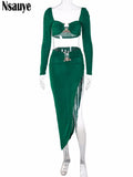 yipinpay 2023 Autumn Summer Club Fashion Long Sleeve Women Crop Tops And Sexy Long Hight Waisted Split Skirt Dress Two Piece Set