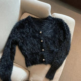 Yipinpay Neck Cropped White Mohair Knitted Cardigan Retro Casual Lazy Oversized Sueters Sweaters for Women Solid Fur Clothes Jacket