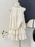 Yipinpay Two Piece Set Women Sleeveless Blouse Embroidery Lace Tank Tops Sexy Sweet Camis Ruffles Mini Skirts Female Elegant Suits