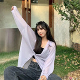 Yipinpay for Women Blouse Long Sleeve Top Female Chiffon Loose Cardigan Thin Sexy Solid Color Casual Shirt