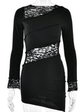Yipinpay MO Elegant Patchwork Lace See Through Sexy Mini Dress Women'clothing Longsleeves Slim Black Dress Party Birthday Robe
