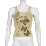 Yipinpay Butterfly Tank Tops Rhinestone Vintage Skin Knitted Mini Vest Women O Neck Sleeveless Cute Harajuku Sweats Chic