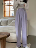 Yipinpay Summer Women Wide Leg Pants Elegant Pleated Casual Korean Loose Baggy Straight Pant Female Black Green Suit Trousers