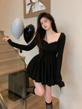 Yipinpay Sleeve Lace Mini Dress Woman Lolita Kawaii Dress Party Casual 2023 Autumn Slim Pure Color Elegant Dress Korean Style Female