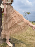 yipinpay Women's Tulle Tutu Skirt Irregular Mesh Princess Fairy Pleated Long Cake Skirts Korean Fashion Kawaii Chic Dance Skirt