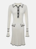 Yipinpay Lapel Contrast Mini Dress Ladies High Waist Autumn Ribbed Patchwork Long Sleeve Dress Fashion Elegant Ruffled Knit Dress