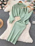 Yipinpay Winter Women Knitted Sets Fashion Breading Long Sleeve Pearl Sweater+Knitted Camis Dress Sets Fashion Sweater Suits