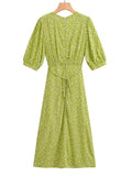 Yipinpay New Women French Style Floral Print Dress Short Sleeve V Neck Ladies Midi Summer Dress Holiday Robe