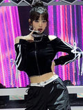 Yipinpay Harajuku Sexy Velvet Crop Jackets Women Streetwear Mall Goth Y2k E-girl Off The Shoulder Lace Up Long Sleeve Coats Femme