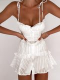 Yipinpay Cotton Jacquard Spaghetti Strap Sexy Bodycon Beach Dress Women Ruffled Mini Summer Lace-Up Ladies Corset Dress 2023