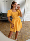 Yipinpay Crepe Elegant Woman Party Dresses Puff Sleeves A-Line Dress Summer Ruched Dress High Waist Chic Dresses 2023 Lady