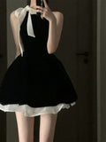 Yipinpay Sexy Dress Woman Bow Bandage Sleeveless Slim Patchwork Black Mini Dresses Puffy Elegant Vintage Ladies Summer Fashion